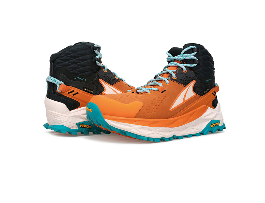 Orange / Black / White / Blue Women's Altra Running Olympus 5 Mid GTX Hiking Shoes | 45897-JGQA